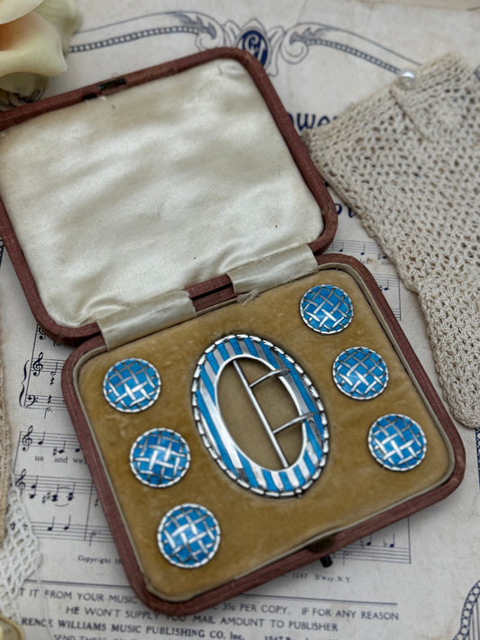 Antique 1907 Sterling Silver & Cerulean Blue Guilloché Enamel Buckle and 6 Button Set – Levi & Salaman, Birmingham in Original Case