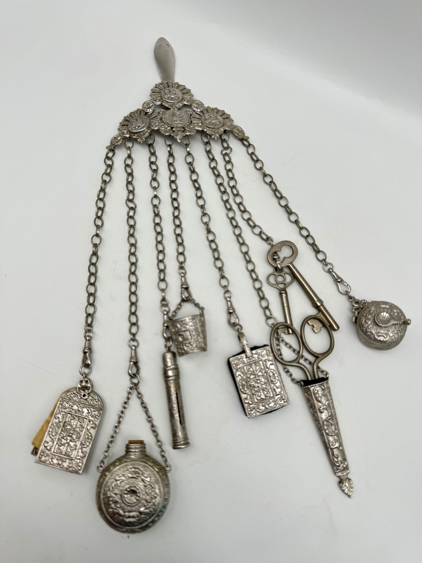 Antique Victorian Style 8 Arm Sewing Chatelaine SILVER TONE Classical Roman Coin Head Horses, Notebook, Bottle,Pen Holder, Thimble Bucket, Scissors Case, Keys, Tape Measure Case