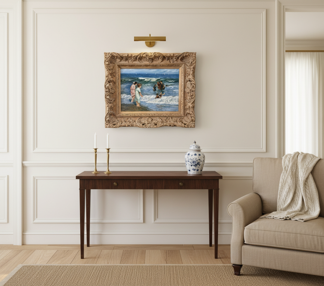 Vintage IMPRESSIONIST Beach Scene Oil Canvas Wood Frame 23.5 X 19.5 X3” Signed