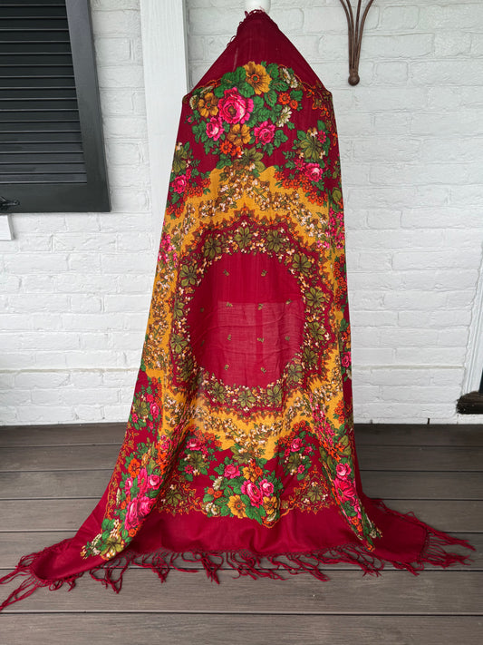 1980s XL Wool Fringed Floral Scarf – Burgundy with Pink Roses