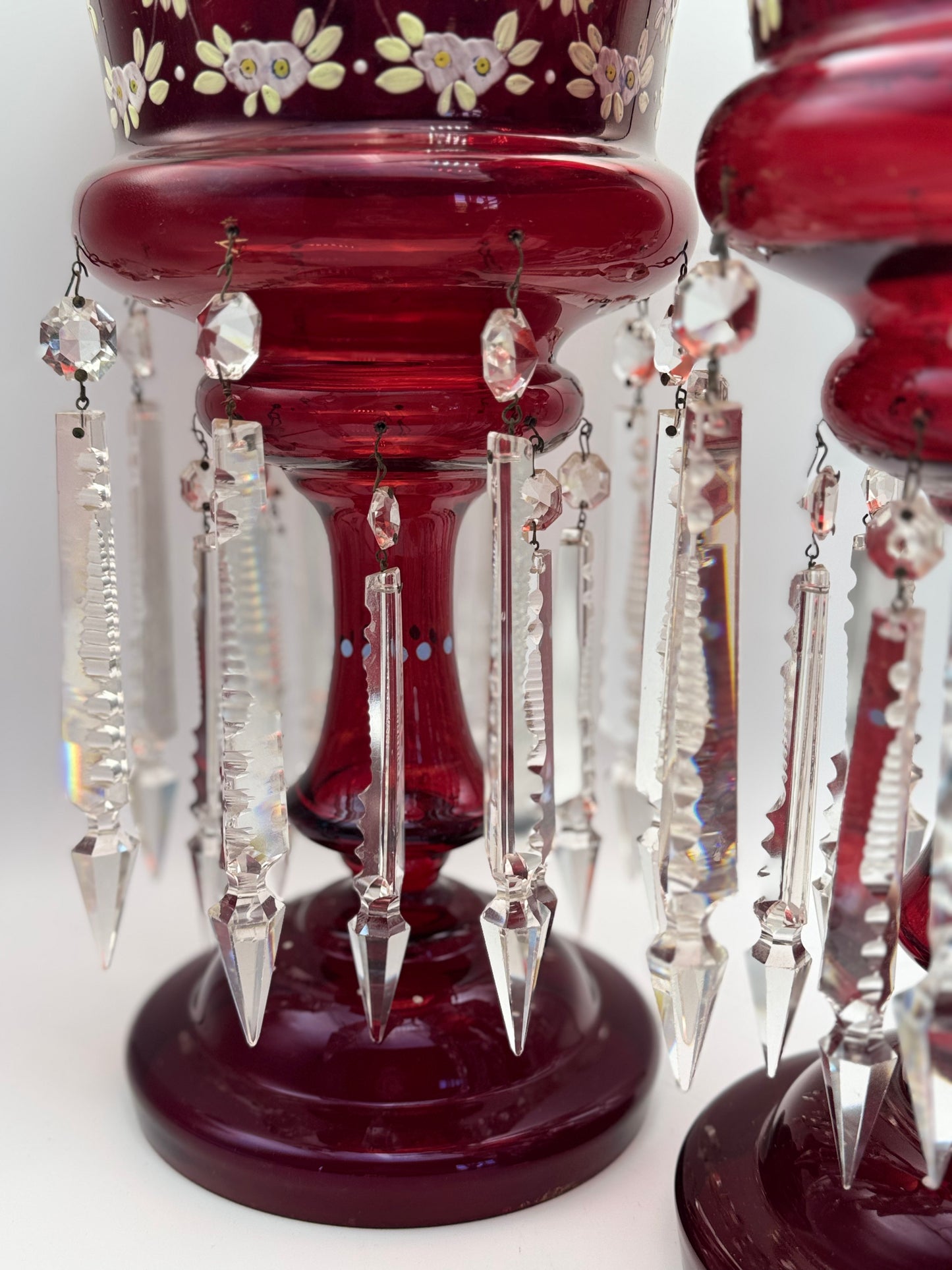 Pair of Victorian Cranberry Glass Mantle Lusters with Prisms – 15” Antique