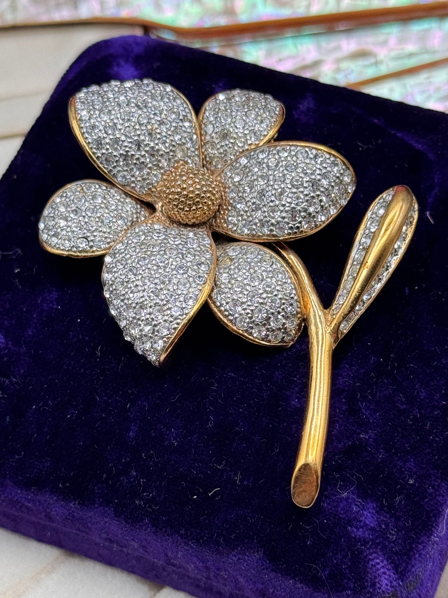 Vintage Flower Brooch Goldtone Clear Rhinestone Statement Brooch 3”