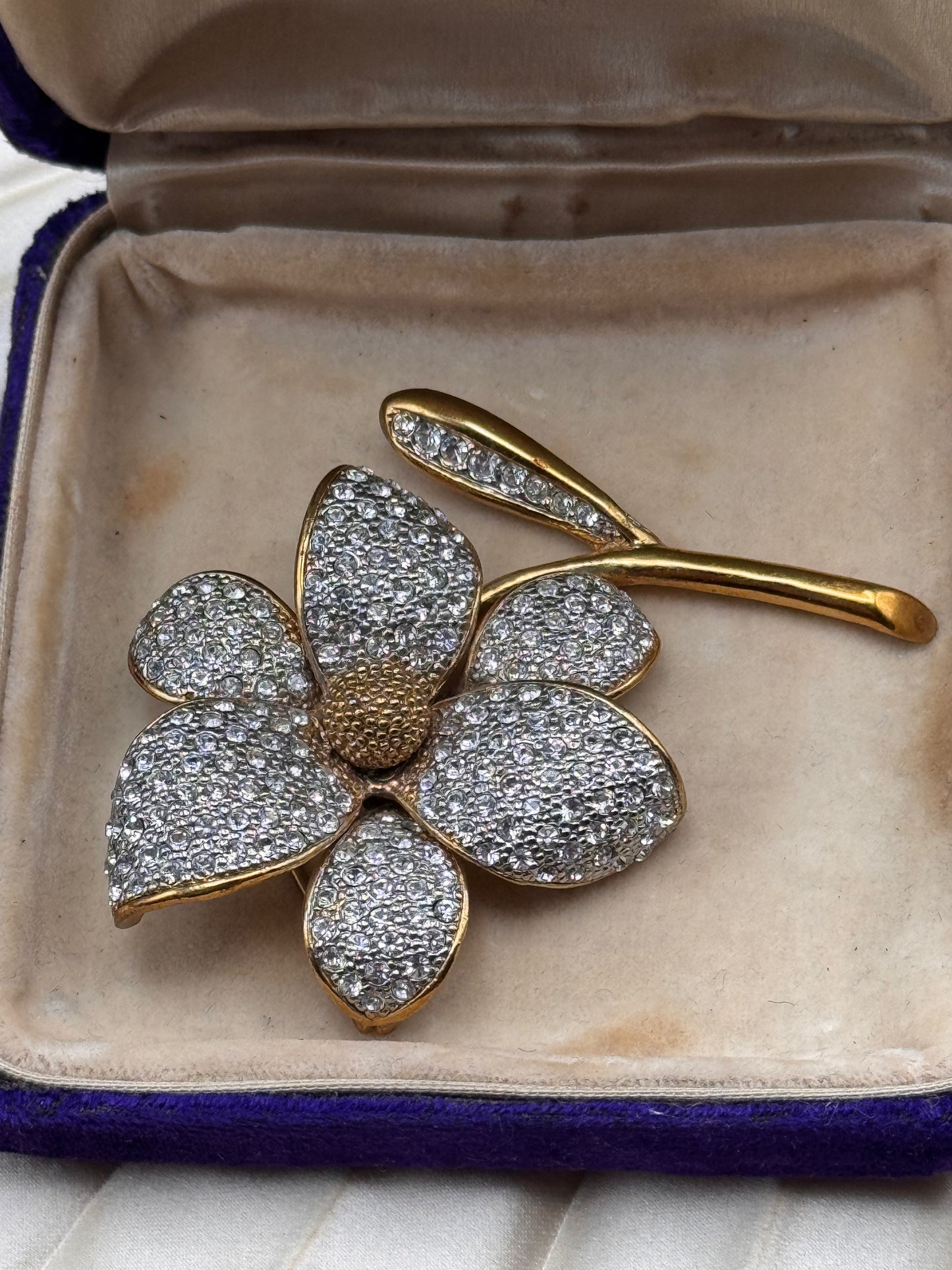 Vintage Flower Brooch Goldtone Clear Rhinestone Statement Brooch 3”