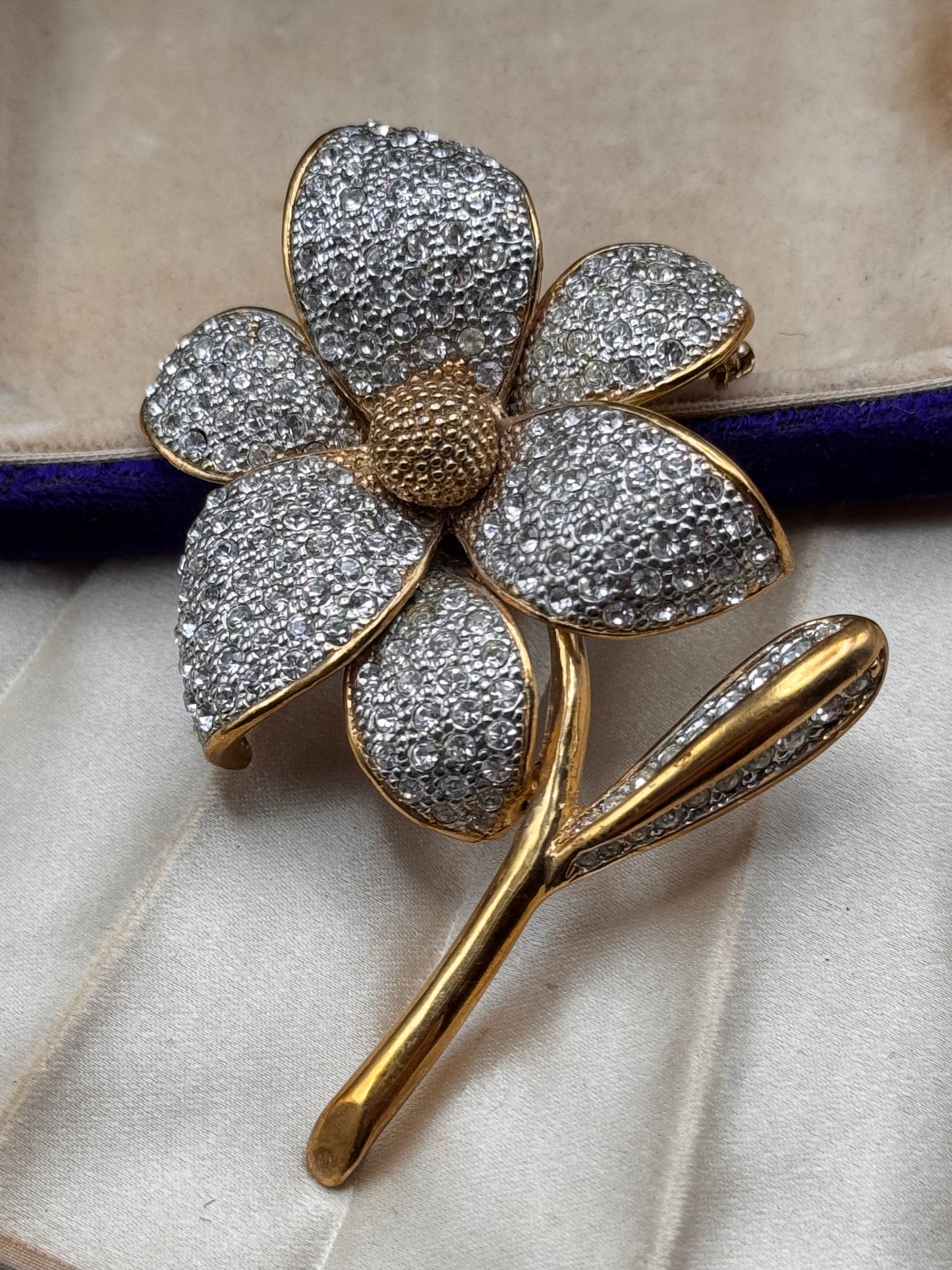 Vintage Flower Brooch Goldtone Clear Rhinestone Statement Brooch 3”