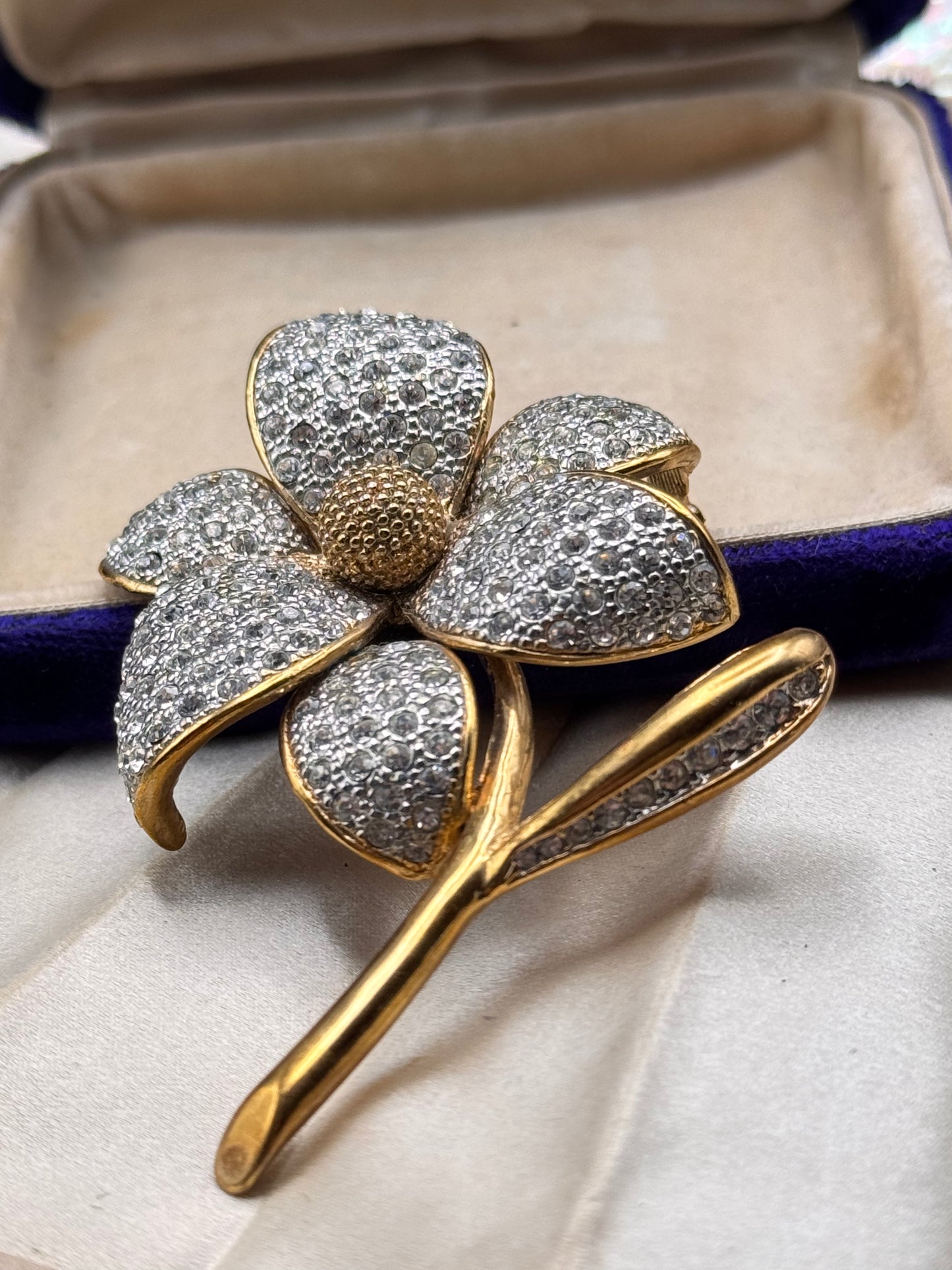 Vintage Flower Brooch Goldtone Clear Rhinestone Statement Brooch 3”