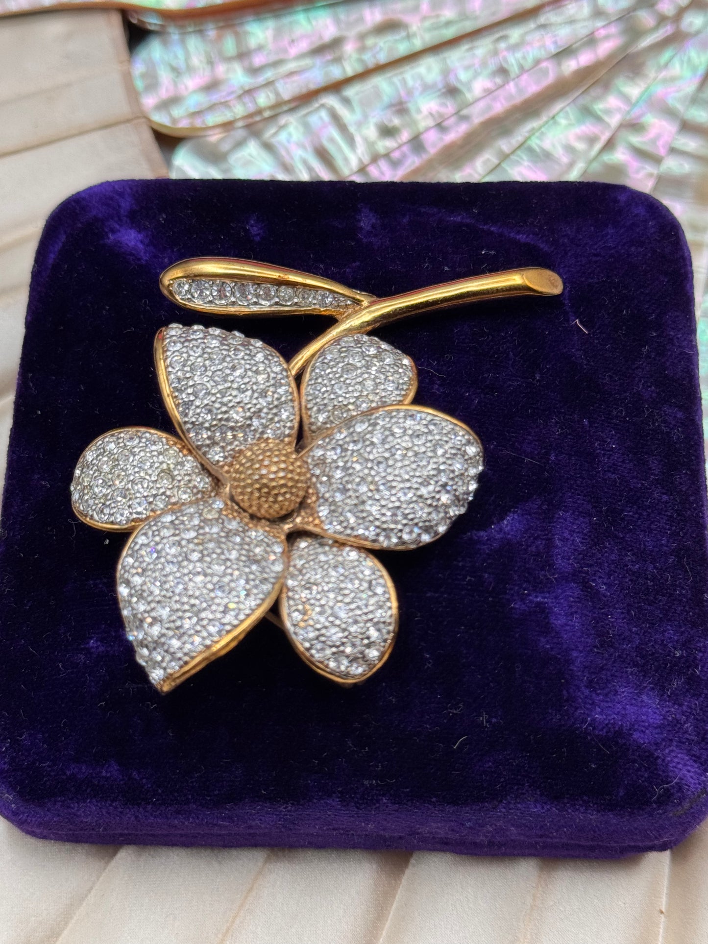 Vintage Flower Brooch Goldtone Clear Rhinestone Statement Brooch 3”