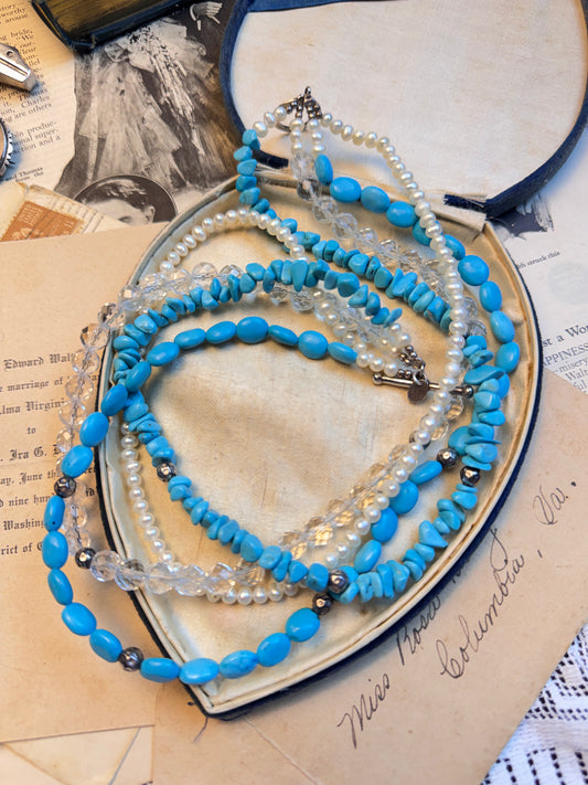 Signed “Turquoise” Color Stones Pearl & Crystal 925 Sterling Necklace