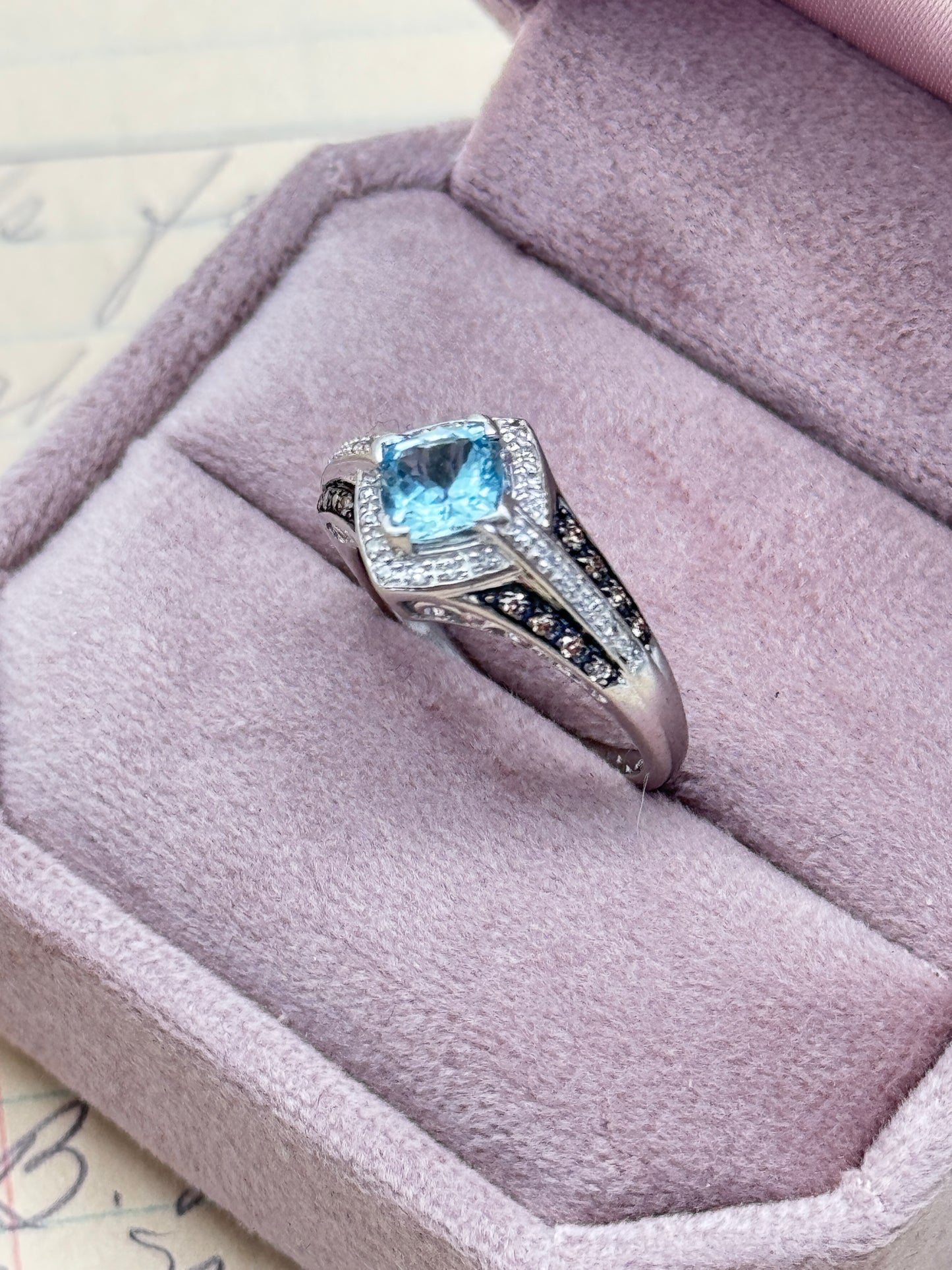 14k White Gold Natural Aquamarine Natural Beryl Cushion Brilliant Cut Ring Size ca. 6.75 w. APPRAISAL 2011