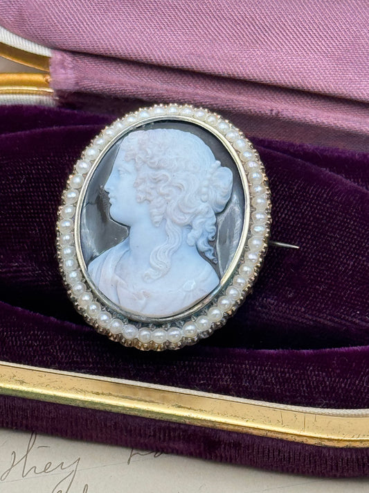 Museum-Worthy Antique VICTORIAN Hard Stone Cameo Brooch with Pearls in 14K Gold