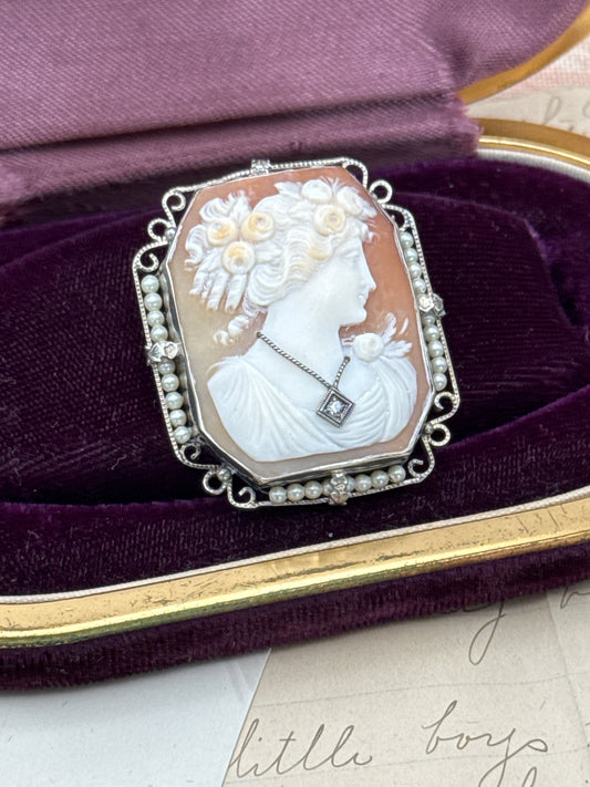 Art Deco Shell Cameo Habillé Brooch-Pendant in 14K White Gold with Pearls & Diamond Accent