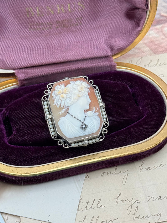 Art Deco Shell Cameo Habillé Brooch-Pendant in 14K White Gold with Pearls & Diamond Accent