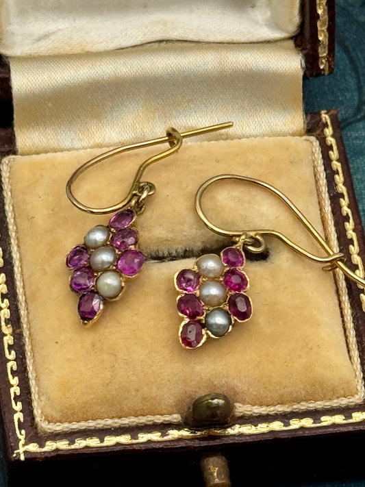 Antique 14K Gold Ruby & Pearl Cluster Earrings – Victorian Grape Motif – Appraised $1,100