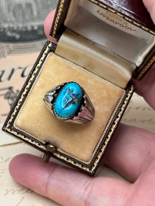 Vintage Silver Tested Artisan Ring With Turquoise Color Stone SIZE 7.75