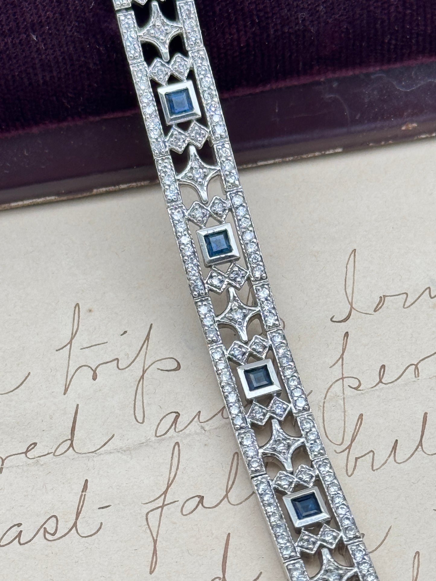 14k White Gold Natural Diamond & Natural Sapphire Art Deco Style 6.5”l incl. APPRAISAL 2006