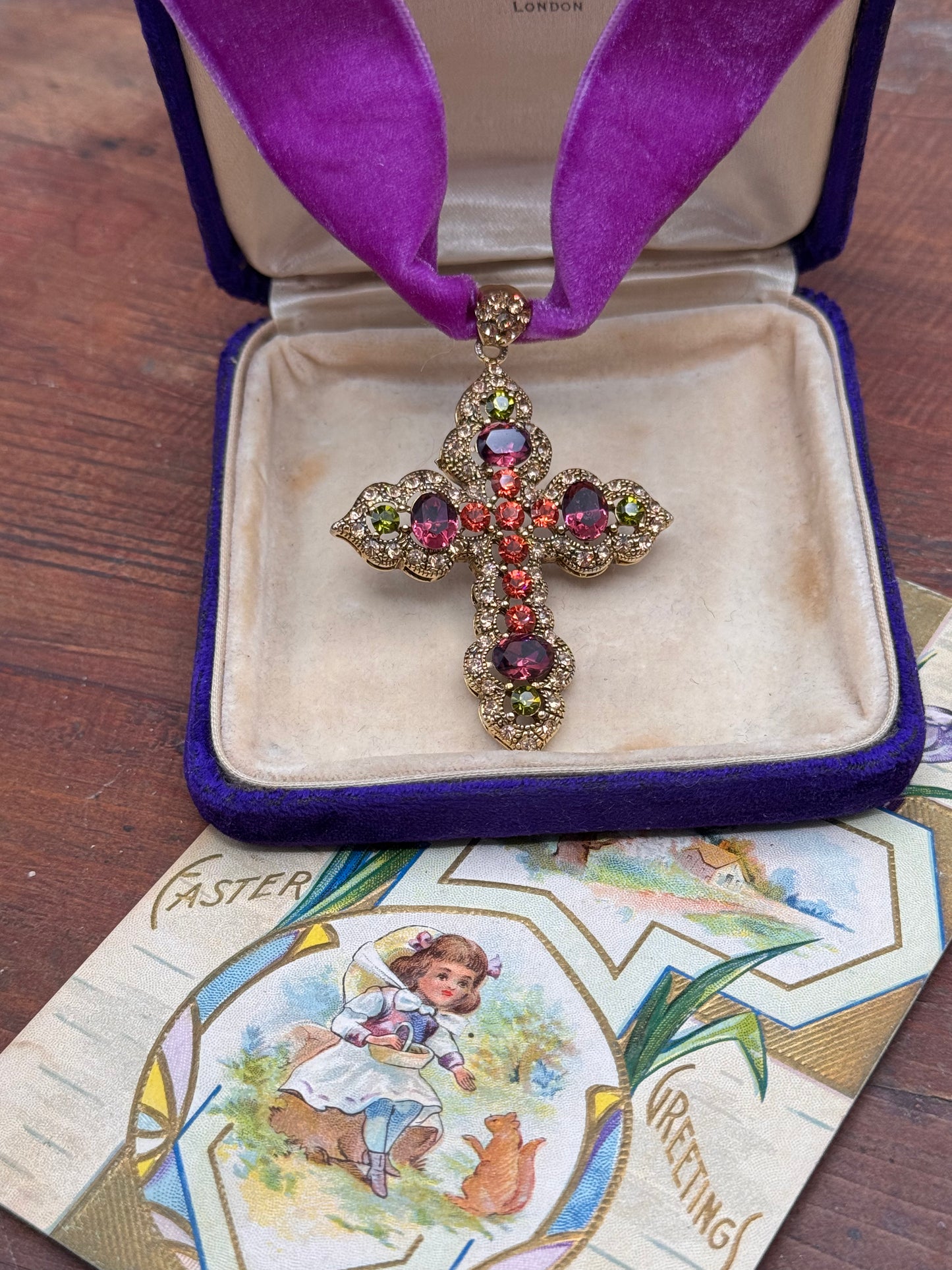 Vintage Cross Pendant Goldtone Purple Green Rhinestone 2.25” Statement