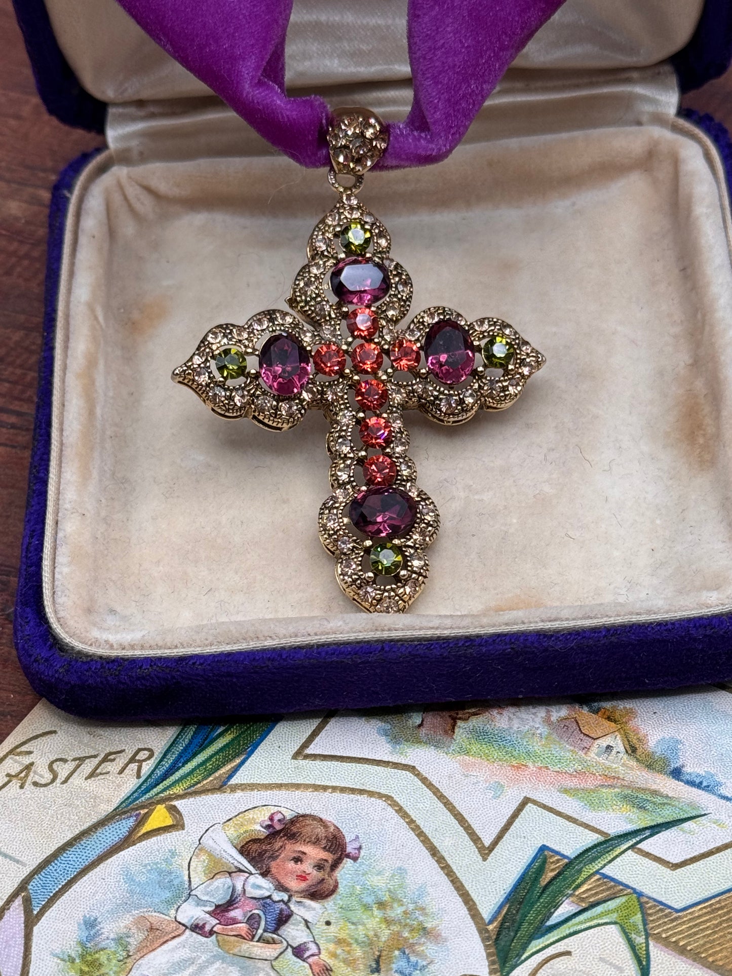 Vintage Cross Pendant Goldtone Purple Green Rhinestone 2.25” Statement