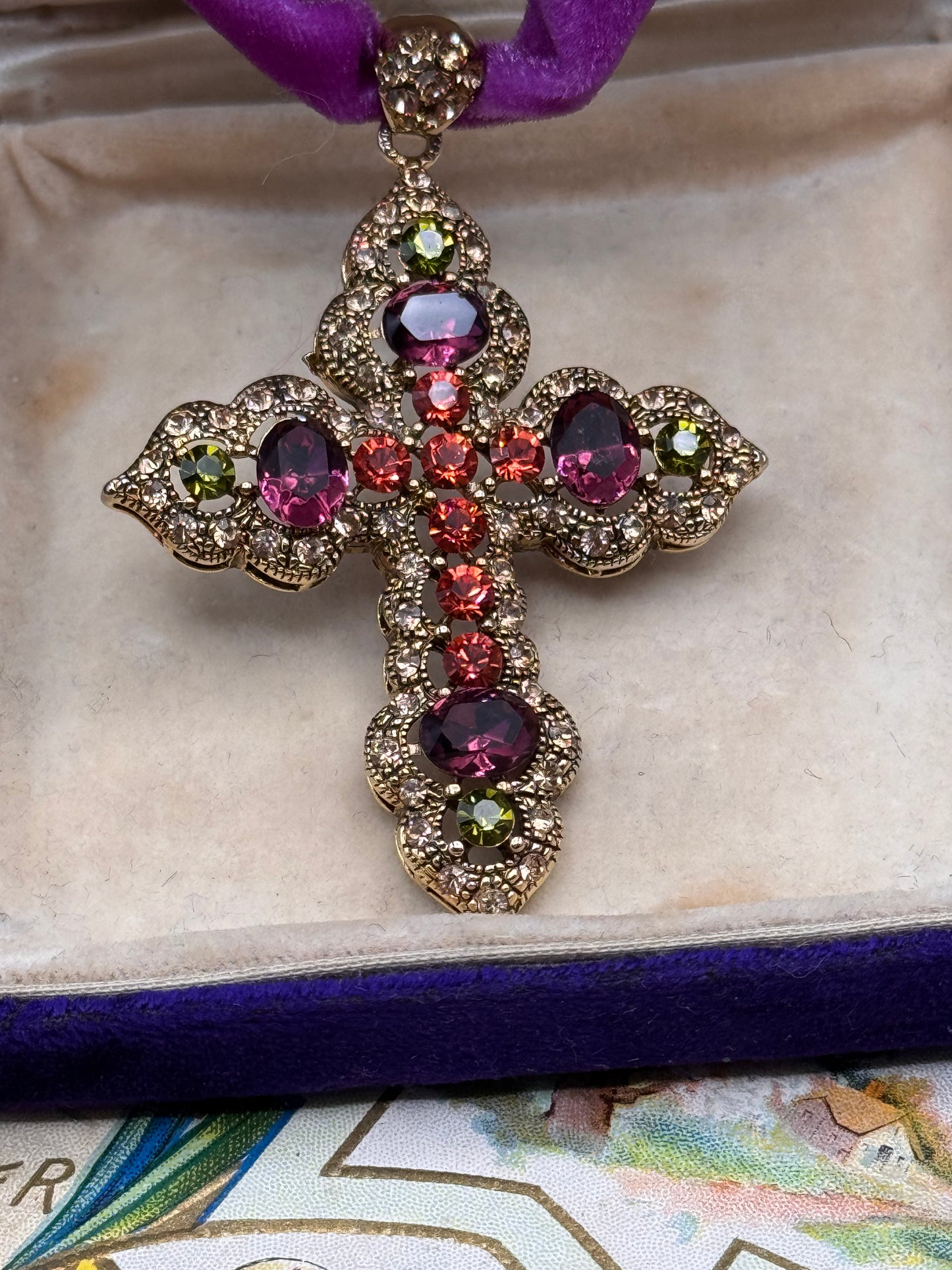 Vintage Cross Pendant Goldtone Purple Green Rhinestone 2.25” Statement