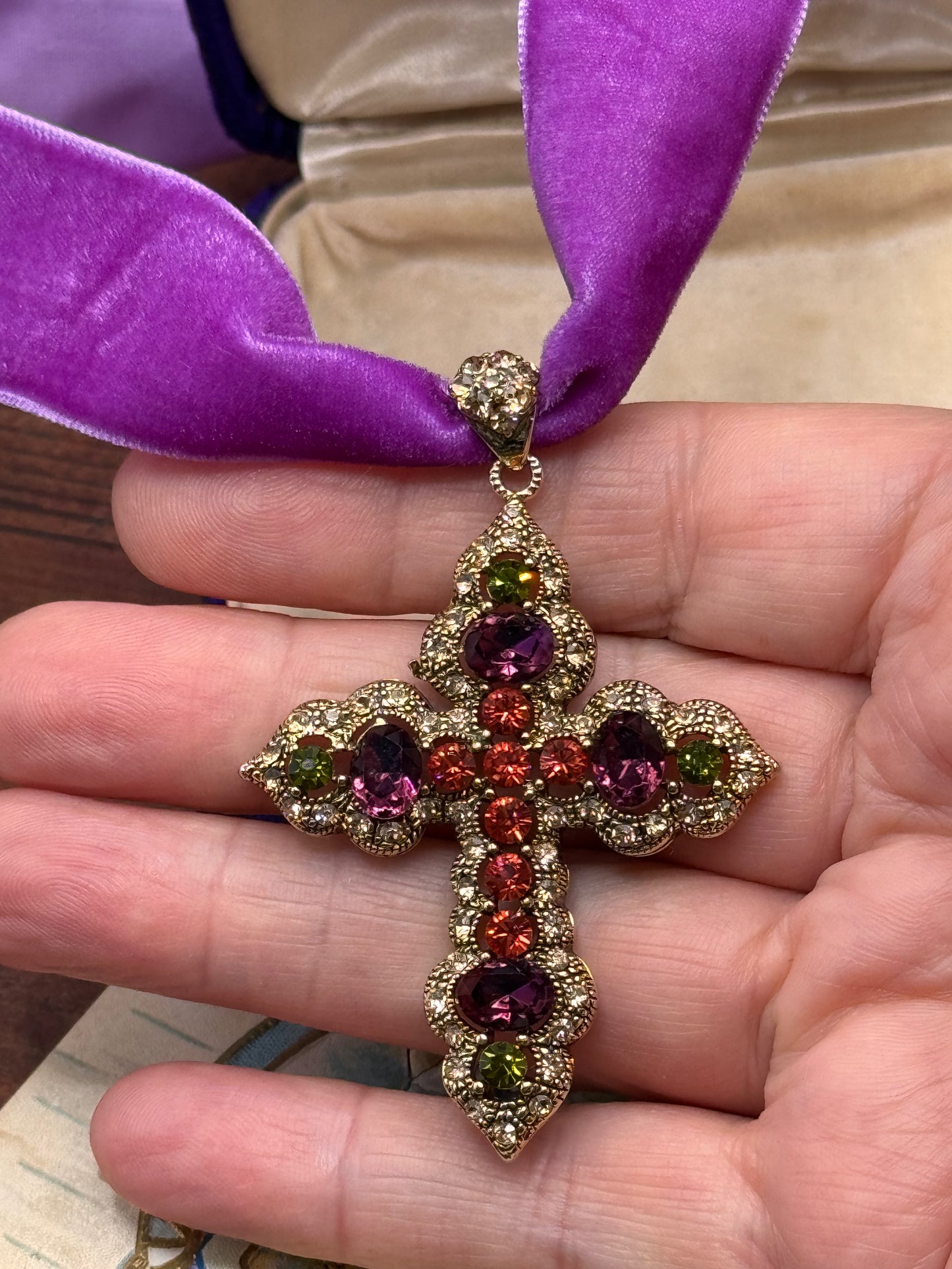Vintage Cross Pendant Goldtone Purple Green Rhinestone 2.25” Statement