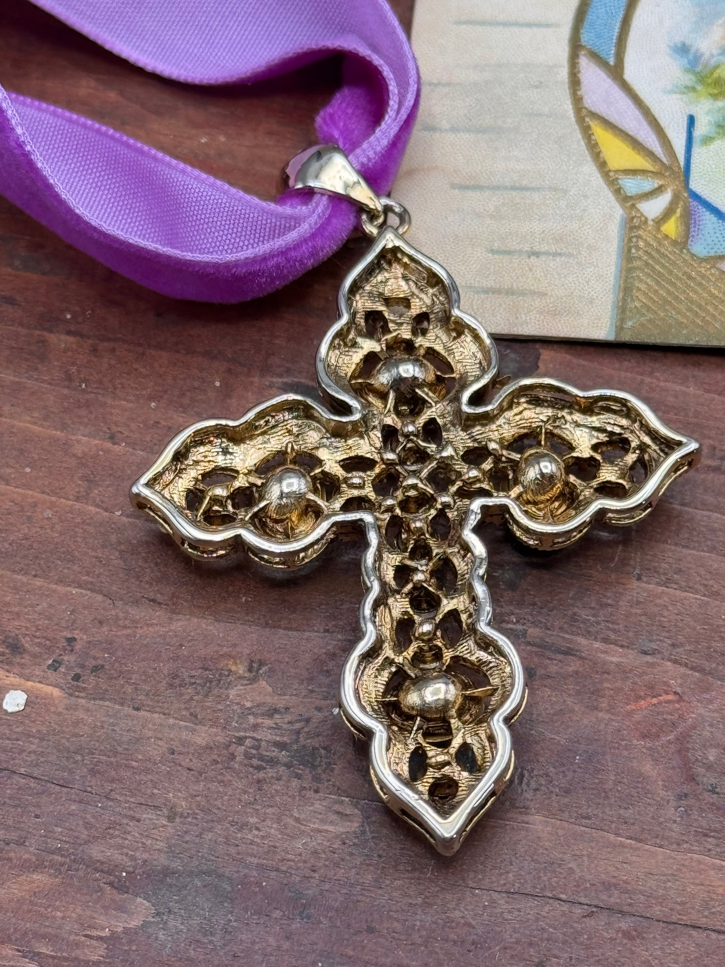 Vintage Cross Pendant Goldtone Purple Green Rhinestone 2.25” Statement