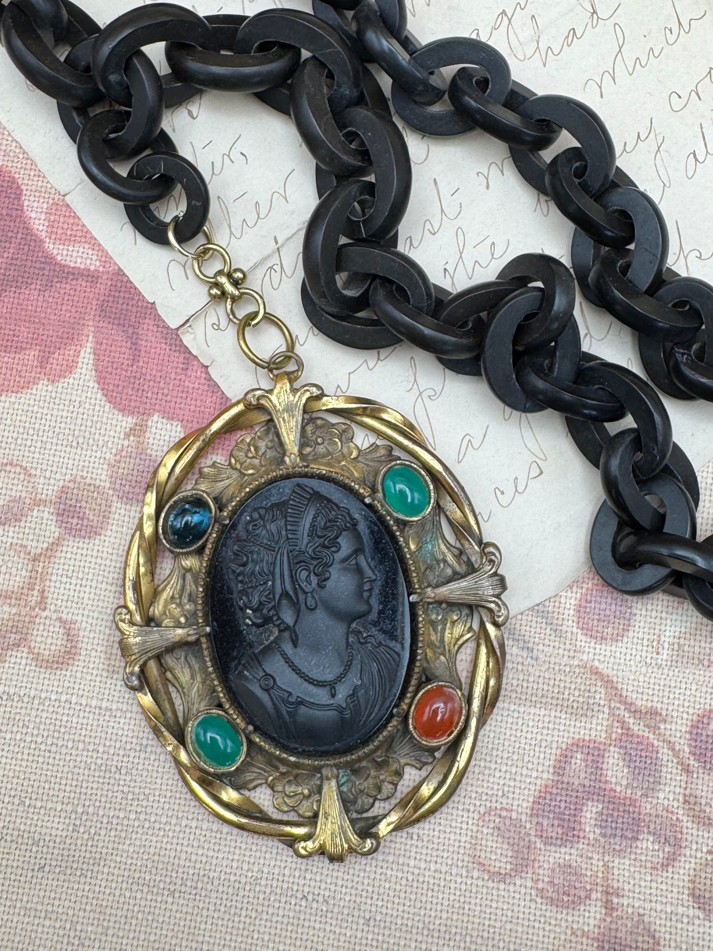 Victorian CAMEO Pendant Black Stone Gilt Frame with Antique Early Plastic Chain .75” Links -19”l EXQUISITE & RARE