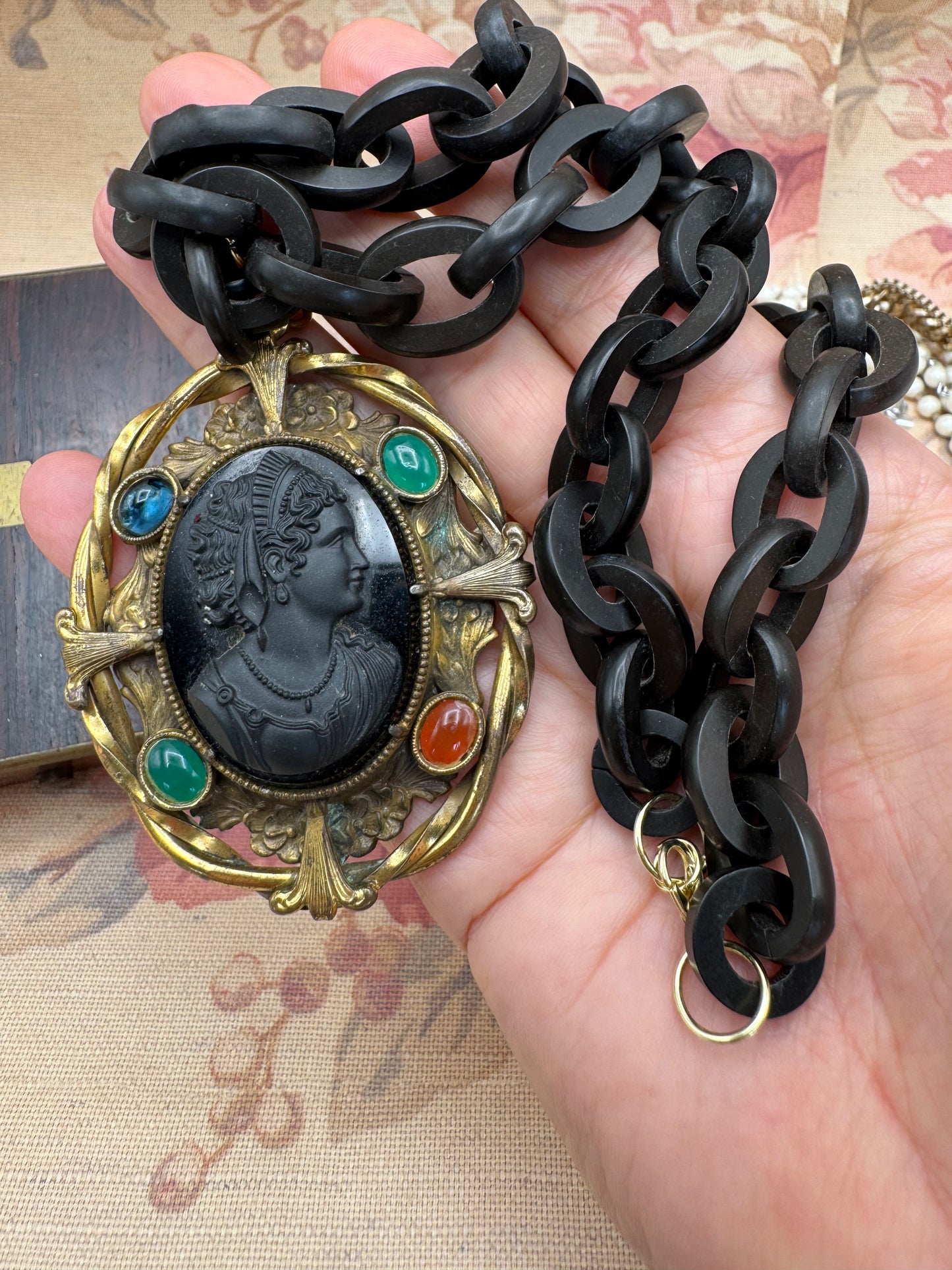 Victorian CAMEO Pendant Black Stone Gilt Frame with Antique Early Plastic Chain .75” Links -19”l EXQUISITE & RARE