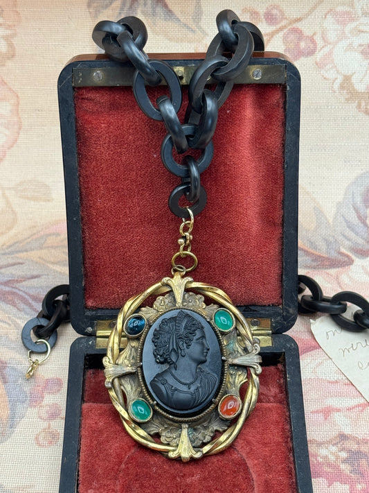 Victorian CAMEO Pendant Black Stone Gilt Frame with Antique Early Plastic Chain .75” Links -19”l EXQUISITE & RARE