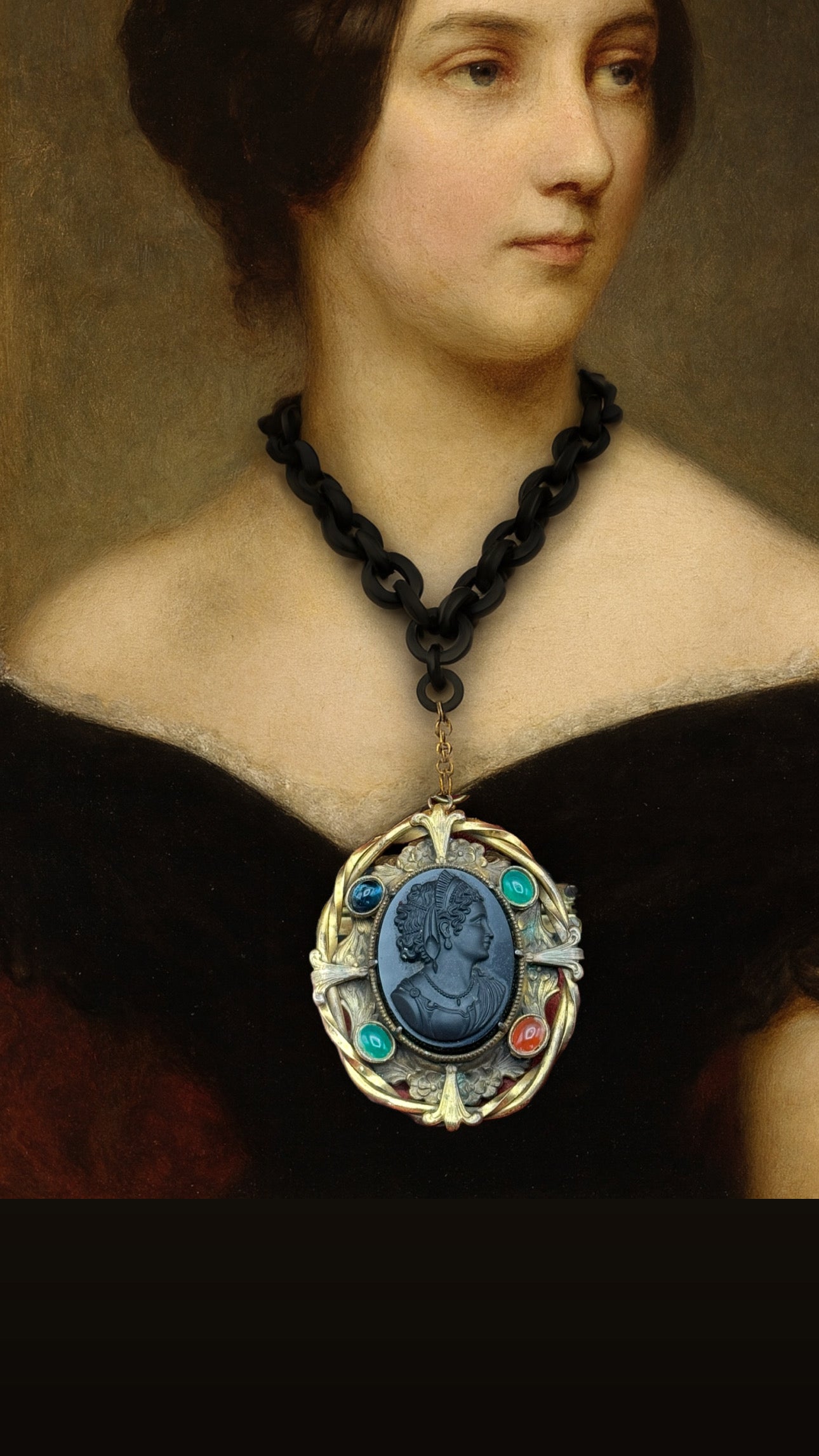 Victorian CAMEO Pendant Black Stone Gilt Frame with Antique Early Plastic Chain .75” Links -19”l EXQUISITE & RARE