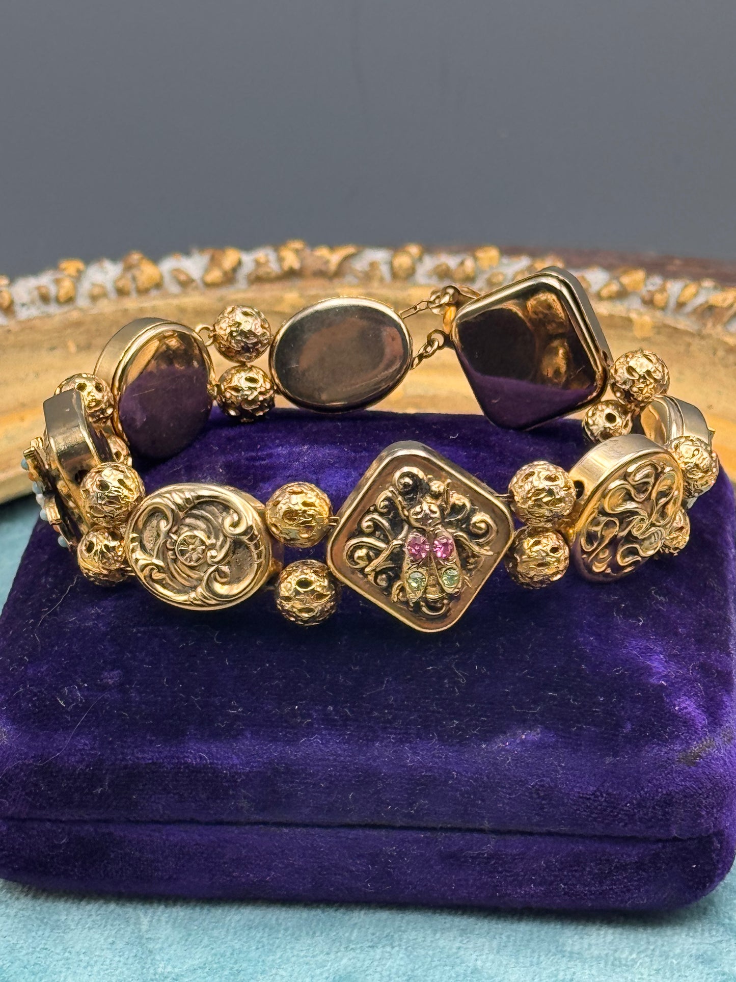 Victorian Revival Goldtone Slide Bracelet 7.5” Ornate Panel