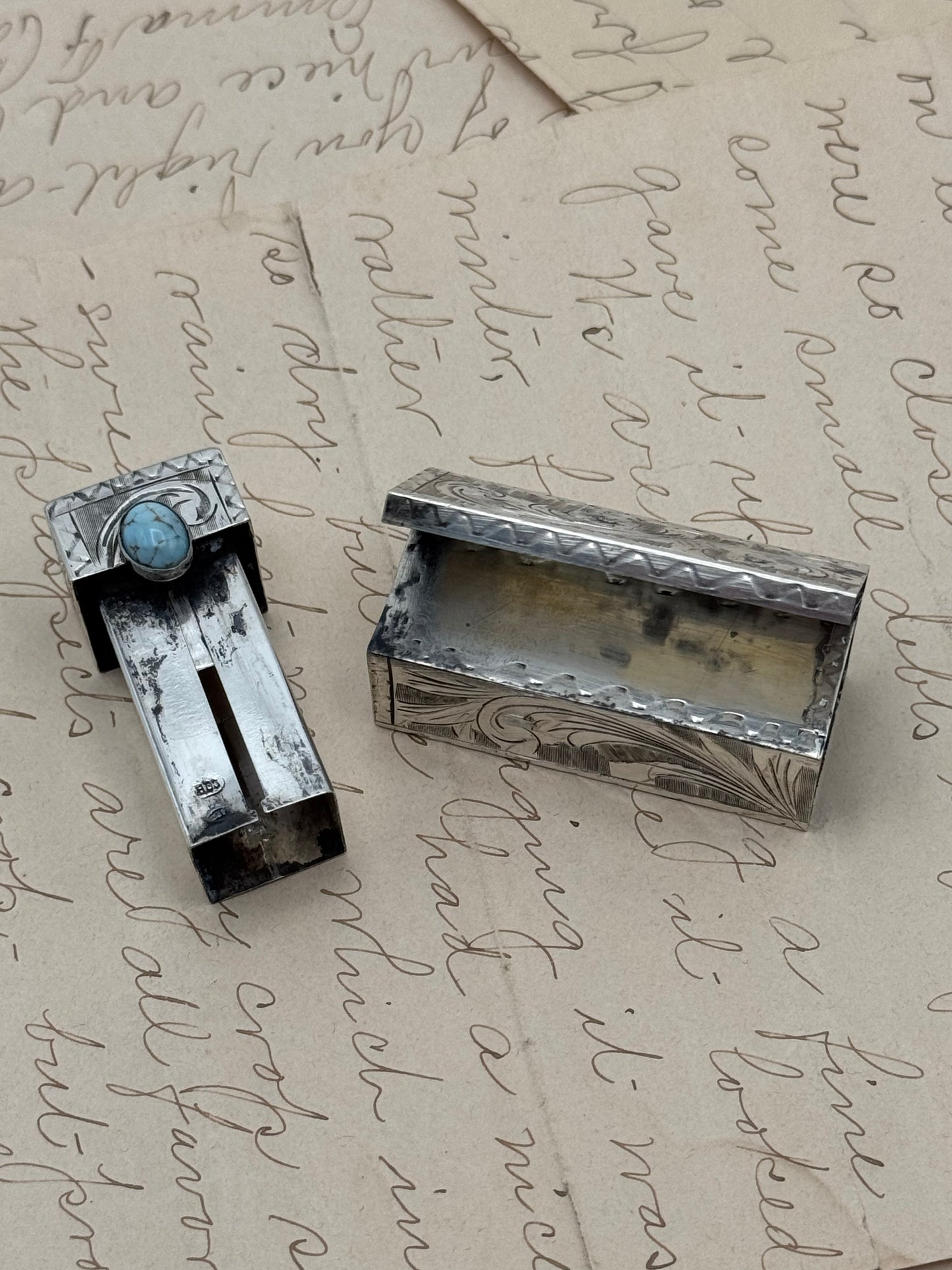 Vintage Silver Lipstick Case with Blue Stone Intricate Floral Design