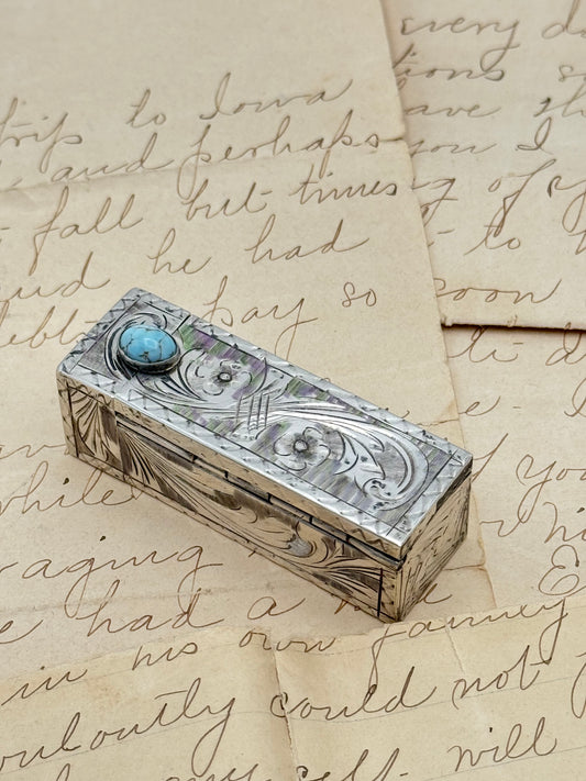 Vintage Silver Lipstick Case with Blue Stone Intricate Floral Design