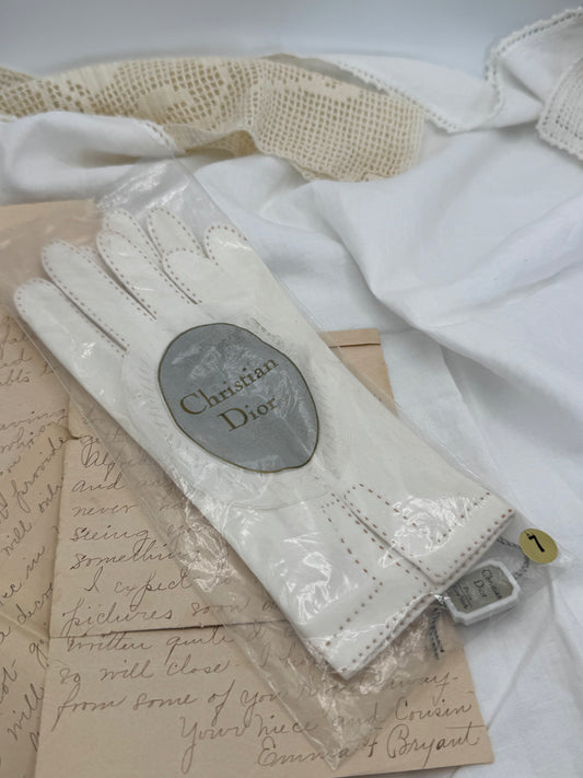 Vintage Ivory Color Fabric Gloves CHRISTIAN DIOR with TAGS and Original Sleeve Bag Size 7