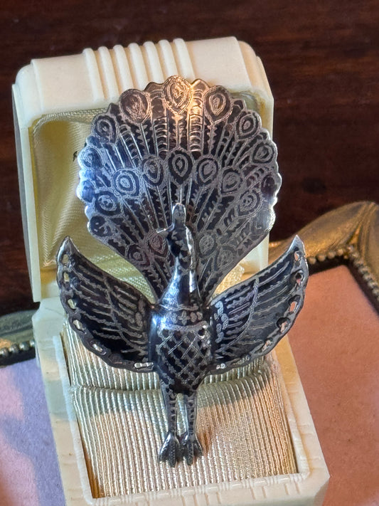 Vintage Siam Sterling Silver Peacock Brooch Articulated Niello Thailand
