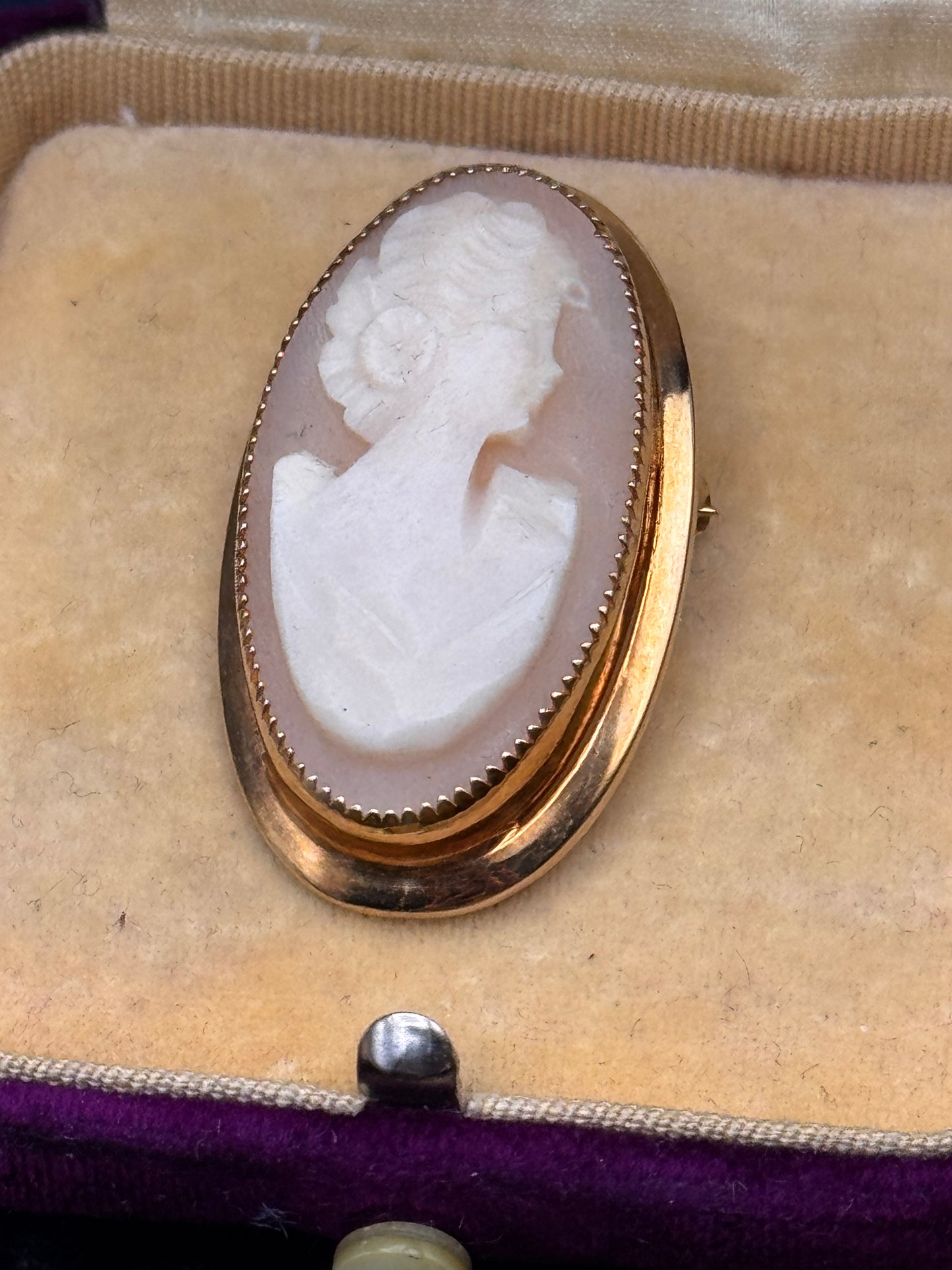 Vintage Gold Filled Carved Shell Cameo Brooch Oval Portrait 1 3/8”