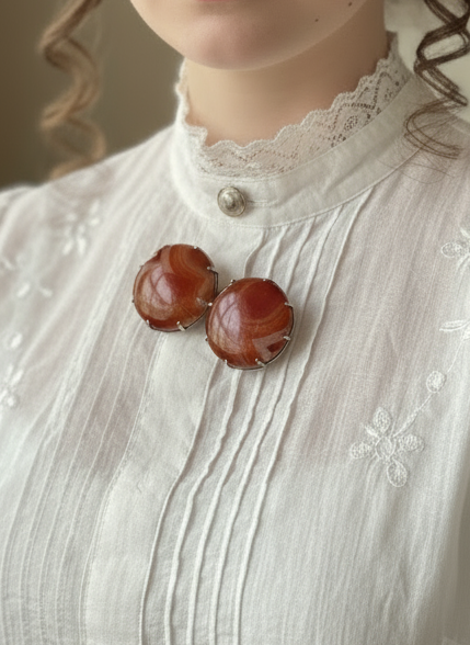 Antique VICTORIAN Agate Silver Brooch 2” ANTIQUE RARE FIND