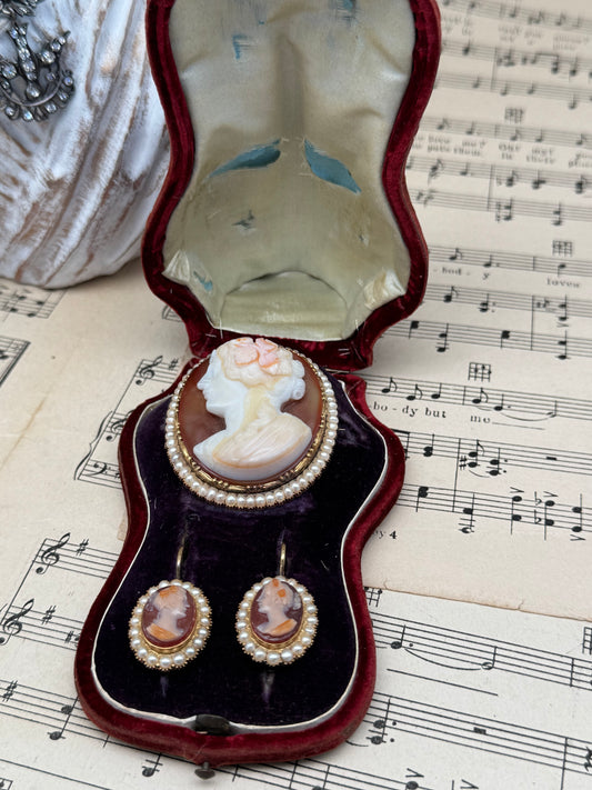 Antique Georgian Early Victorian 14k Gold Cameo Brooch & Earrings Coral Back Conch Shell Cameo Set In Original CASE EXQUISITE