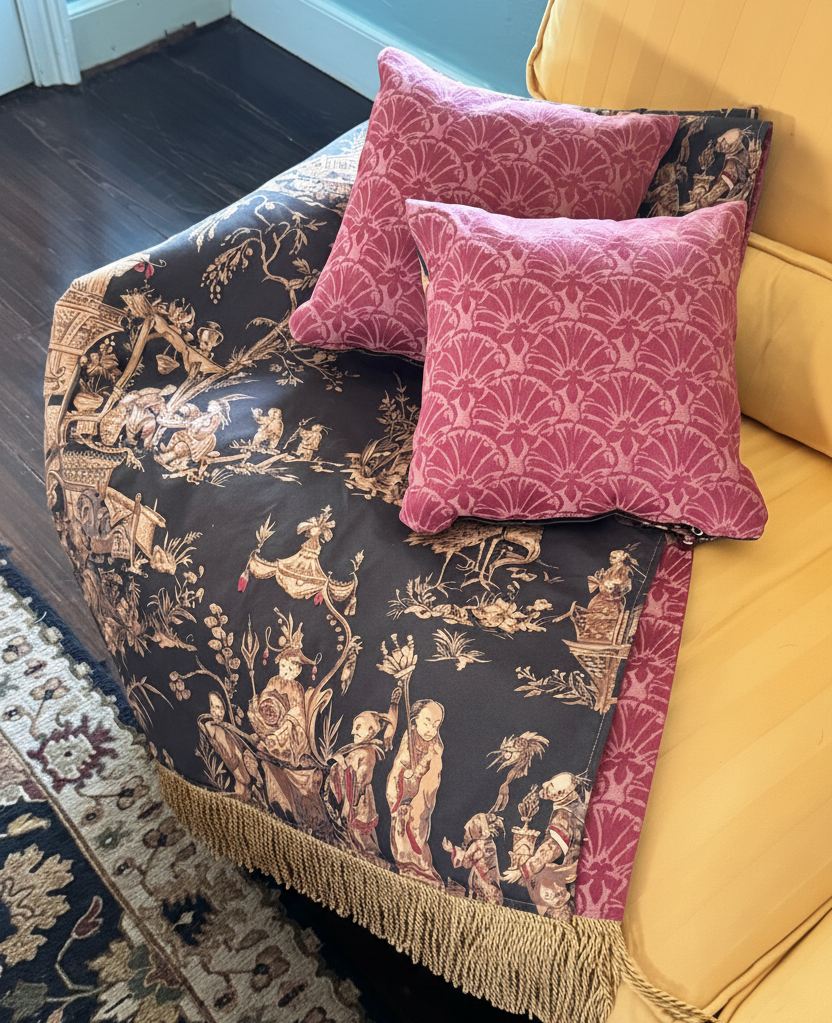 Custom Made Vintage “Schumacher” Pillow & Throw Set – Chinoiserie Scenic Textile Double-Sided Designer Fabric)