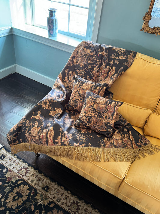 Custom Made Vintage “Schumacher” Pillow & Throw Set – Chinoiserie Scenic Textile Double-Sided Designer Fabric)