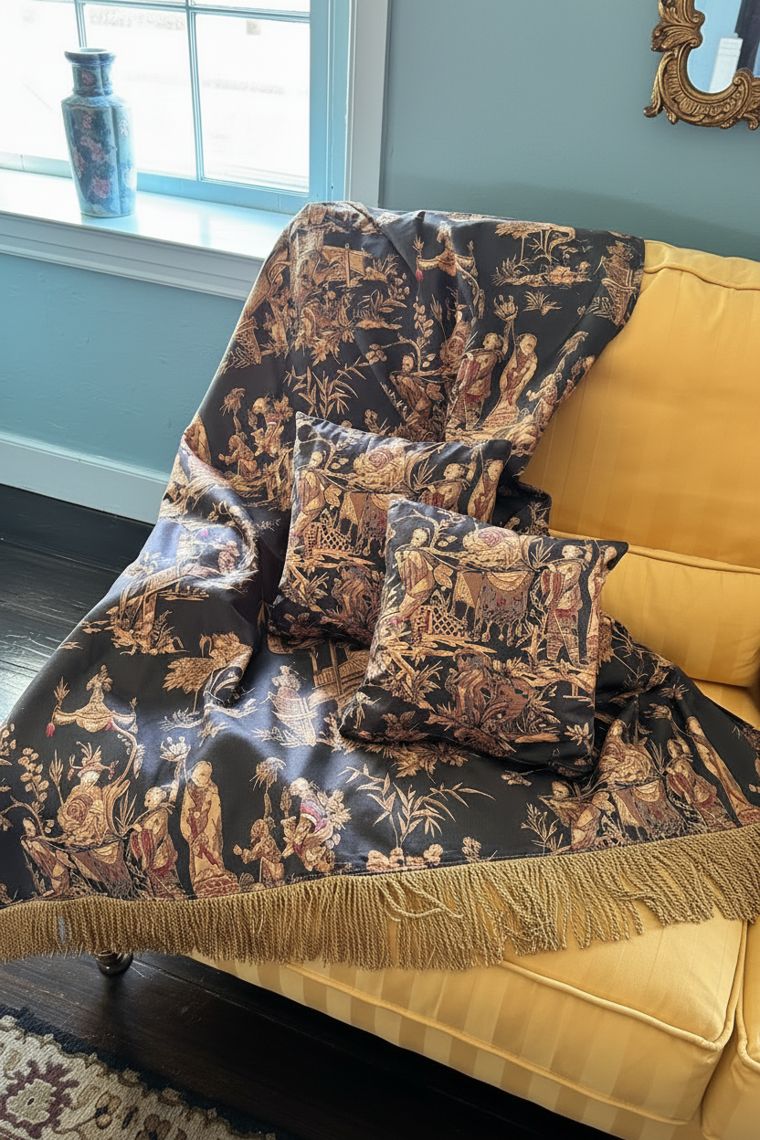 Custom Made Vintage “Schumacher” Pillow & Throw Set – Chinoiserie Scenic Textile Double-Sided Designer Fabric)