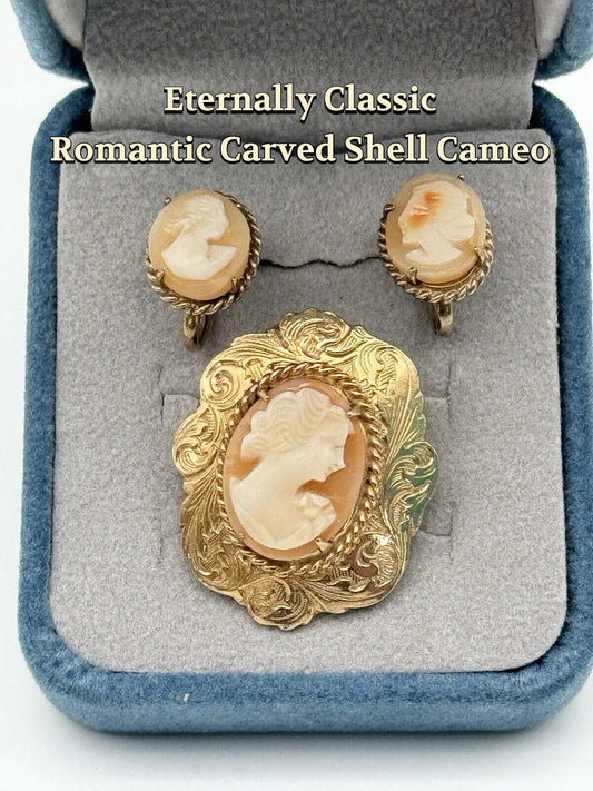 Vintage Cameo Jewelry Set Carved Shell Earrings Brooch Victorian Style Goldtone