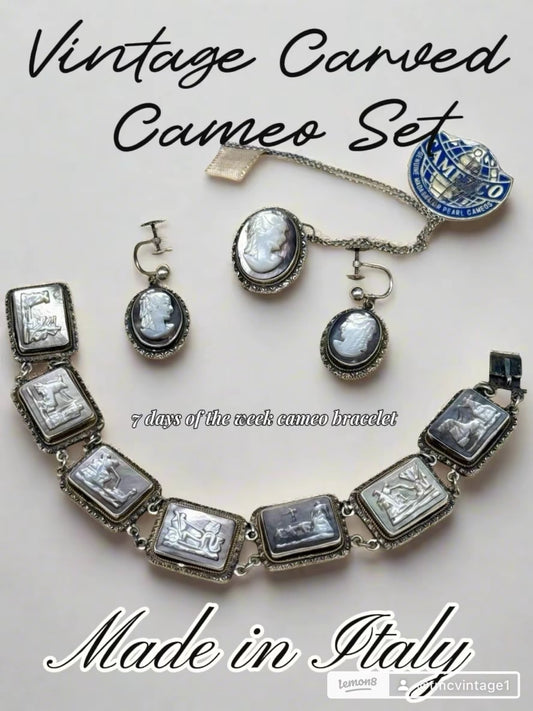 VINTAGE Carved Cameo MOP 1940s Jewelry Set Made In Italy CAMEXCO 7” Bracelet