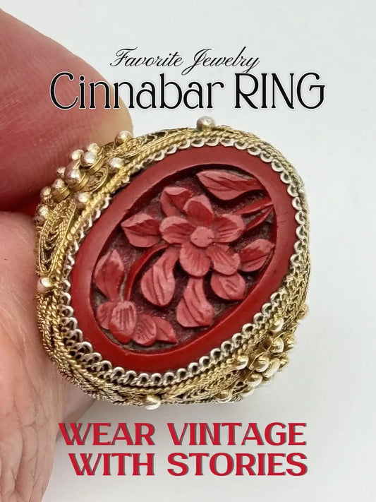 Vintage SILVER Carved Cinnabar  Ring Delicate Filigree Gold Vermeil 8.5 Sizeable