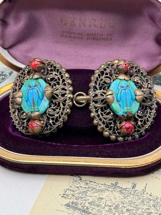Antique Neiger Brothers Style Egyptian Revival Scarab Belt Buckle • Circa 1920s