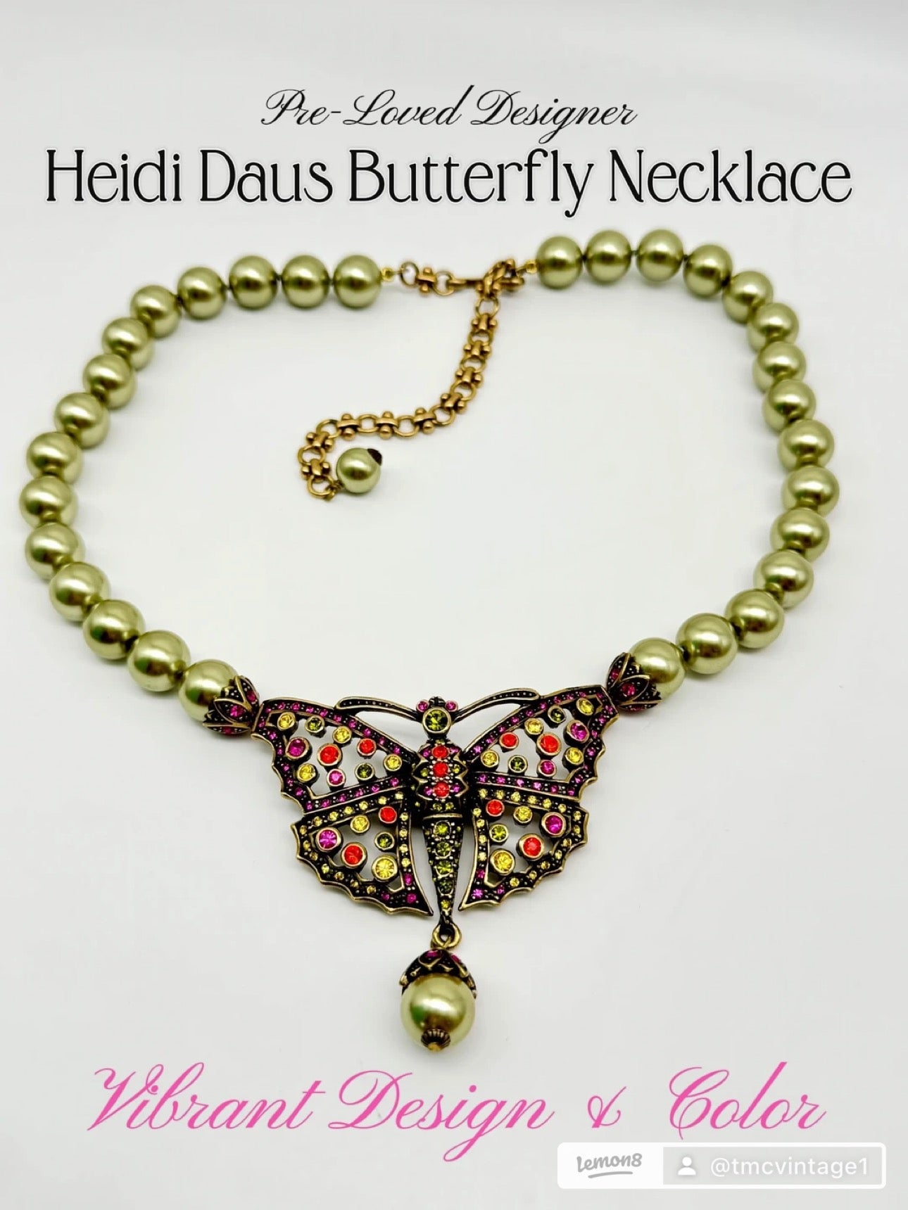 HEIDI DAUS Butterfly Crystals Green FAUX Pearls Necklace Estate Find BEAUTIFUL