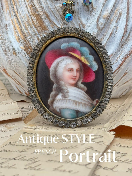 Antique French Style Miniature Lady With Hat In Brass Oval Frame Rhinestones