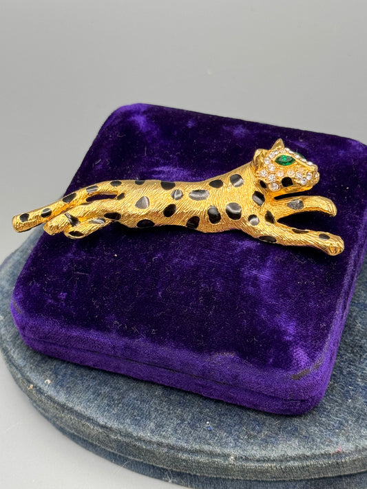 Vintage Leopard Cheetah Brooch Goldtone Black Enamel Rhinestone Cat 3.5”