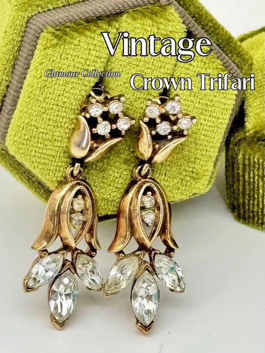 Vintage CROWN TRIFARI Dangler Earrings Goldtone Clear Rhinestone Design Patented