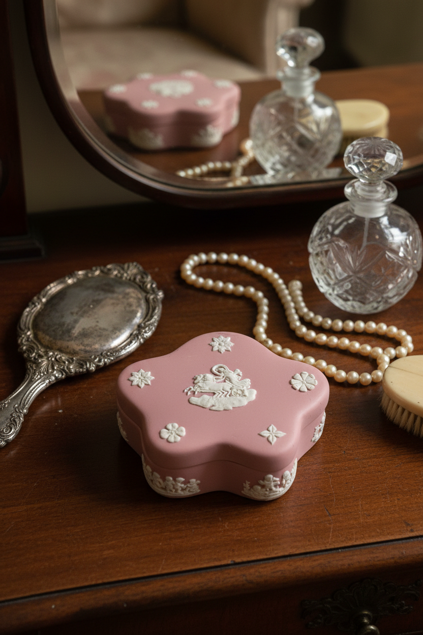 Wedgwood Pink Jasperware Cherub Trinket Box Quatrefoil Shape Made In England Highly Collectible Color