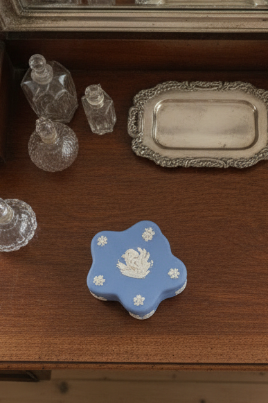 Wedgwood Blue Jasperware Cherub Trinket Box Quatrefoil England