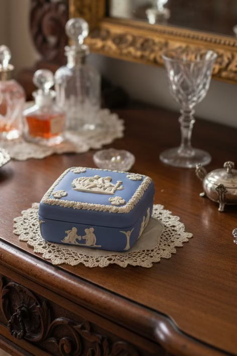 1955 Wedgwood Blue Jasperware Neoclassical Trinket Box England