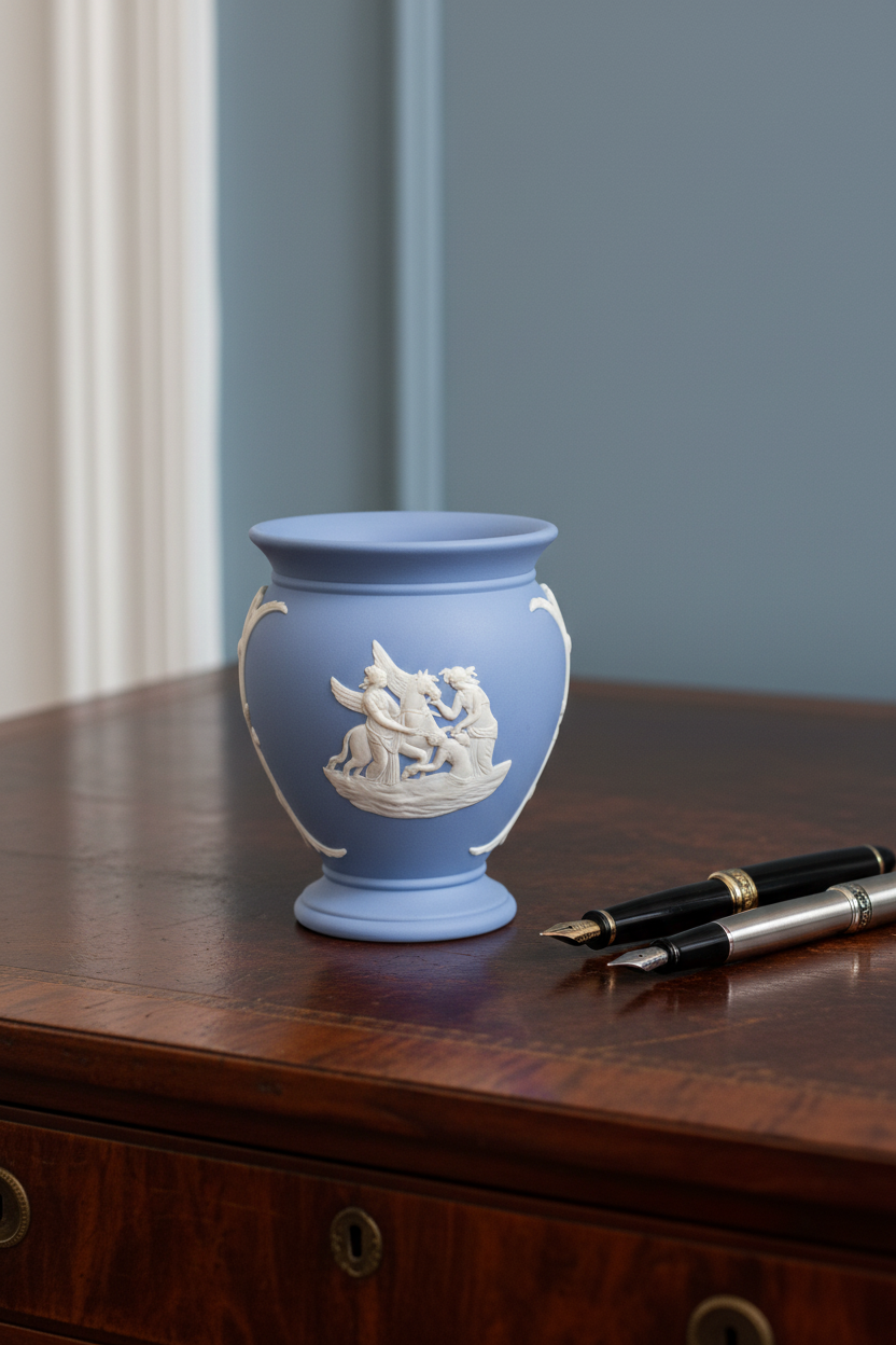 1972 Wedgwood Blue Jasperware Classical Relief Miniature Vase England